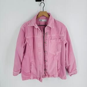 Zara Pink Denim Jacket Button Front Oversized Shacket Style USA Medium